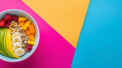 Poster - A bowl of fruit with bananas and raspberries. The bowl is on a colorful background