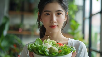 Wall Mural - Portrait of Asian attractive woman hold salad bowl and look at camera Beautiful sport girl in sportswear enjoy eat clean vegetables after exercise for health in house Diet and Healthy  : Generative AI