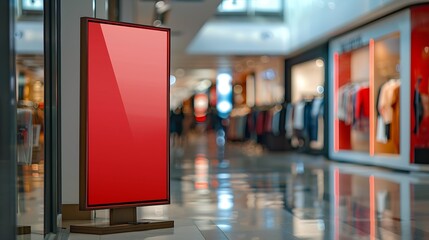 Poster - red blank sign inside shopping mall mock up advertise display frame setting over the clothes line in the shopping department store for shopping business fashion and advertisement conce : Generative AI