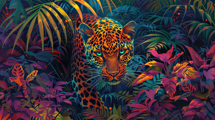 Wall Mural - Vibrant Amur Leopard Prowling Through a Psychedelic Background AI Generative