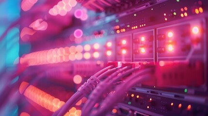Poster - blur technology data center room defocus fiber optic cable and network router switch in data center room for background and wallpaper : Generative AI