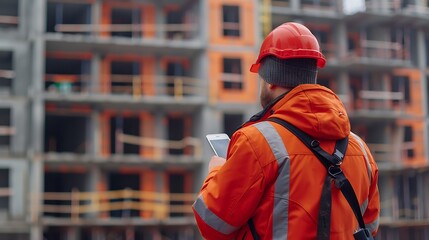 Poster - Construction engineer using mobile smart phone on site during inspection selective focus : Generative AI