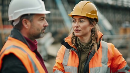 Poster - Engineer and female foreman worker team checking project at precast factory site Engineer and builders in hardhats discussing on construction site : Generative AI