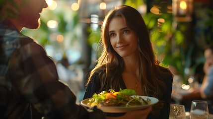 Horizontal image of male hand serving plate of vegetarian dinner in restaurant to a beautiful young woman : Generative AI