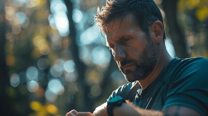 Aufkleber - Mid adult man using smart watch during training Heart monitor beats with wristwatch smart watch or future data on healthcare technology in use of smart watch for health condition : Generative AI