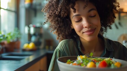 Photo of funky dreamy lady dressed green shirt enjoying tasty meal closed eyes indoors house kitchen : Generative AI