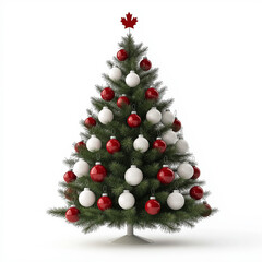 Sticker - Christmas tree decorated in the colors of the Canadian flag, with red and white ornaments and maple leaves, isolated on white 