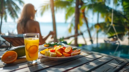 Wall Mural - Woman on tropical healthy breakfast in hotel with sandy sea beach palm trees and swing on background Salad fruits and fresh orange juice on morning food Luxury resort holidays in Thail : Generative AI