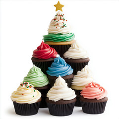 Wall Mural - Christmas tree made of assorted cupcakes, each with colorful frosting and sprinkles, isolated on white 