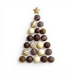 Canvas Print - Christmas tree made of chocolate truffles, decorated with edible gold leaf, isolated on white 