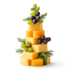 Sticker - Christmas tree made of stacked cheese wheels, garnished with grapes and herbs, isolated on white 