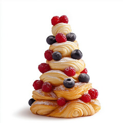 Poster - Christmas tree made of stacked croissants, with powdered sugar and berries, isolated on white 