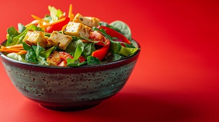 Poster - Vegetarian green salad on trendy red background with hard shadow Green bowl with vegetables and tofu in minimal style Contemporary food menu Healthy food in modern concept : Generative AI