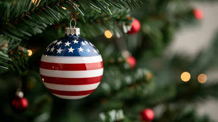 Canvas Print - Closeup of a red, white, and blue Christmas tree ornament with stripes and stars, representing the USA, on a festive tree 