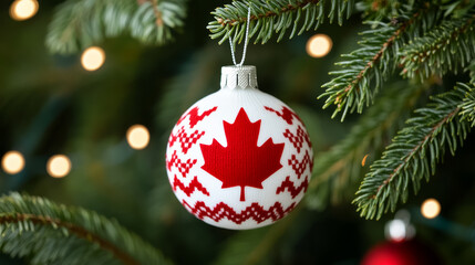 Wall Mural - Closeup of a red and white Christmas tree ornament with a maple leaf pattern, representing Canada, hanging on a tree branch 