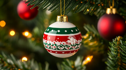 Wall Mural - Closeup of a red, white, and green Christmas tree ornament with an eagle pattern, representing Mexico, on a festive tree 