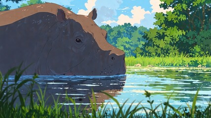 Wall Mural - hippopotamus in nature scene background anime cartooon closeup portrait retro facing forward