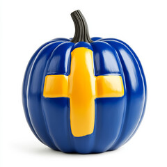 Wall Mural - Halloween pumpkin decorated in the colors of the Swedish flag, with blue sections and yellow cross, isolated on white 