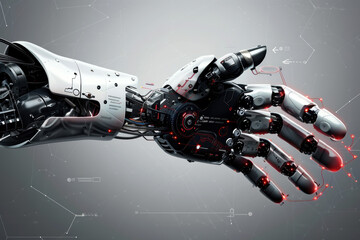 Poster - A robotic hand with red and black wires and a white background. The hand is in a position that looks like it is about to shake someone's hand
