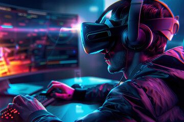 Poster - A man is playing a video game with a virtual reality headset on. The image has a futuristic and intense mood, with the man fully immersed in the game