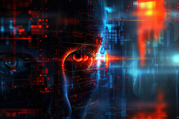 Poster - A computer generated image of a face with a red eye and a glowing eye. The image has a futuristic and technological feel to it
