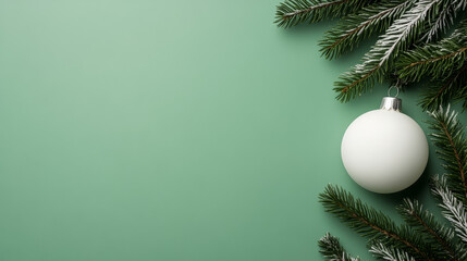 Sticker - Minimalist background with a white ornament, green pine needles at the top right corner, soft gradient backdrop, ample text space 