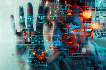 Aufkleber - A man is looking at a computer screen with a hand in front of his face. The image is a representation of the digital world and the man's interaction with it. Scene is one of curiosity and exploration