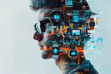 Aufkleber - A man's face is shown with a cityscape in the background. The man is wearing sunglasses and a watch. The image is a representation of the future and the idea of technology and its impact on society