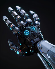 Poster - A robotic hand with blue lights on it. The hand is made of metal and has a futuristic look to it