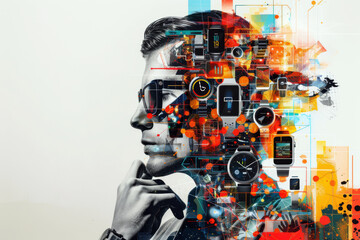 Aufkleber - A man's face is shown with a lot of technology around him. The image is a representation of the idea of technology and its impact on our lives