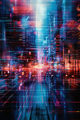 Poster - A cityscape with a bright blue sky and a red and yellow cityscape. The cityscape is filled with lights and the sky is filled with stars. Scene is one of excitement and wonder