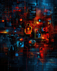 Poster - A colorful image of a computer chip with a red lock on it. The lock is surrounded by other symbols and the image is full of bright colors. Scene is energetic and playful