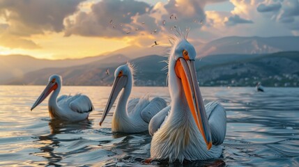 Wall Mural - A group of pelicans swims serenely in a lake as the sun sets, creating a beautiful backdrop of colors and reflections