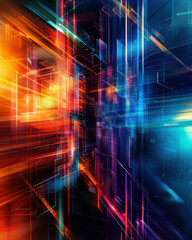 Poster - A colorful, abstract cityscape with a blue and orange line dividing the two. Scene is energetic and dynamic