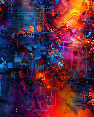 Aufkleber - A colorful abstract painting with a lot of different shapes and colors. The painting is full of energy and movement, with the colors blending and overlapping in a way that creates a sense of depth