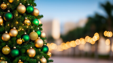 Canvas Print - Wide-angle shot of a Christmas tree adorned with green and gold ornaments representing Brazil, twinkling lights in the background 