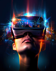 Aufkleber - A woman is wearing a virtual reality headset and looking at a cityscape. The image is colorful and vibrant, giving off a sense of excitement and adventure