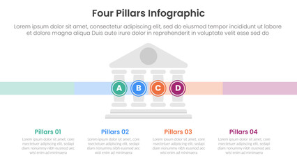 Four pillars framework with ancient classic construction infographic with 4 point stage template with small building center and circle point for slide presentation