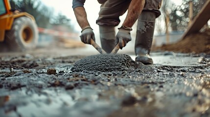Poster - Man working on smoothing concrete driveway for the new home build at construction site Architecture and exterior structure base progress safety foundation pavement ground Real estate i : Generative AI