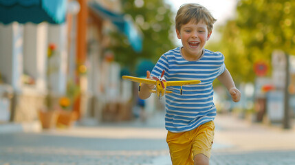 Joyful european boy running with toy airplane on sunny street