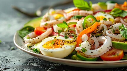 Poster - Healthy salad with squid and avocado on white plate with harsh shadows Calamari salad with vegetables and eggs on white background with shadows of leaves Summer food menu : Generative AI
