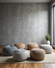 Canvas Print - Minimalist room with gray walls and round poufs.