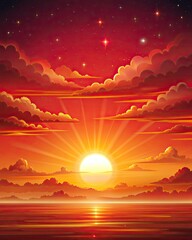 Wall Mural - Fiery red and orange sunset over calm ocean waters.