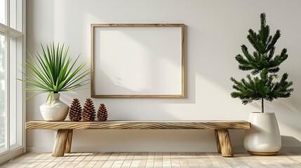 interior composition in living room rustic wood bench green plant in pots ceramic vase pine cones st