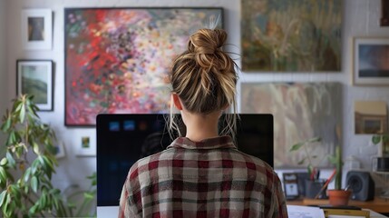 Canvas Print - Young woman working with computer and hanging painting on light wall in office : Generative AI