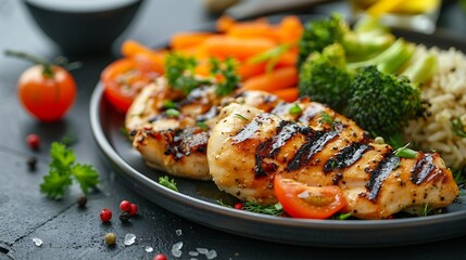 Grilled chicken with riceberry and broccoli boiled carrots sliced red tomatoes : Generative AI