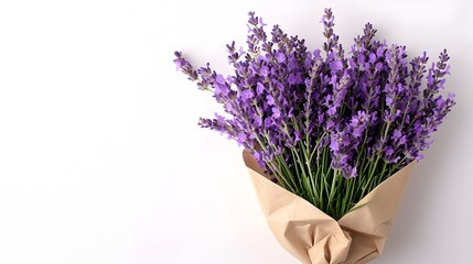 Poster - Beautifully Wrapped Lavender Bouquet on Isolated White Background with Copy Space