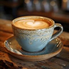 Poster - Frothy Cappuccino with Heart Shaped Latte Art in Stylish Ceramic Cup on Cafe Table