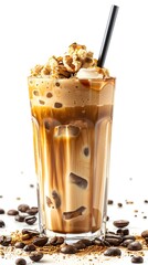 Poster - Vibrant Iced Coffee in Tall Glass with Coffee Beans on White Background