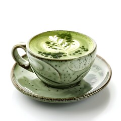 Wall Mural - Vibrant Matcha Latte with Foam Art in Unique Ceramic Cup on White Background